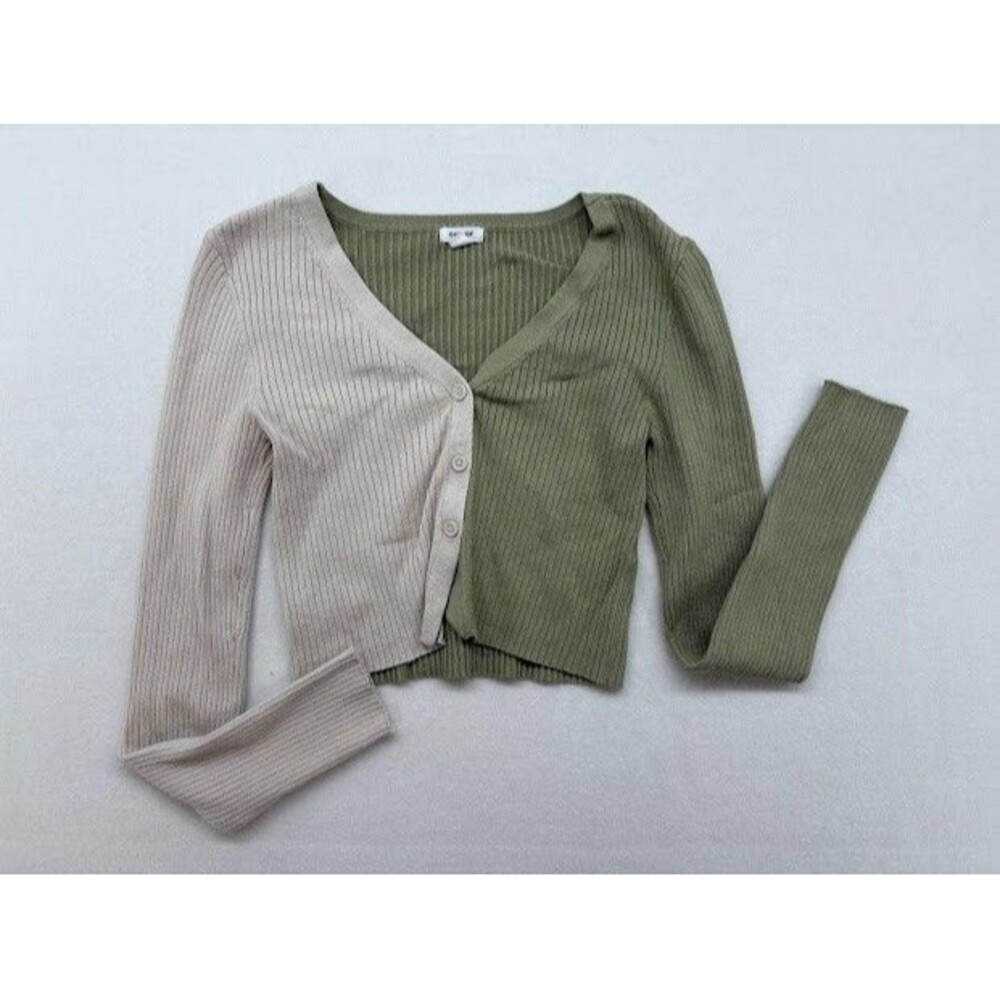 Women's‎ Garage Ribbed Cropped 2 Tone Cardigan Green/Beige Size Small